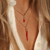 Red Coral Horn & Figa Pendant 18K